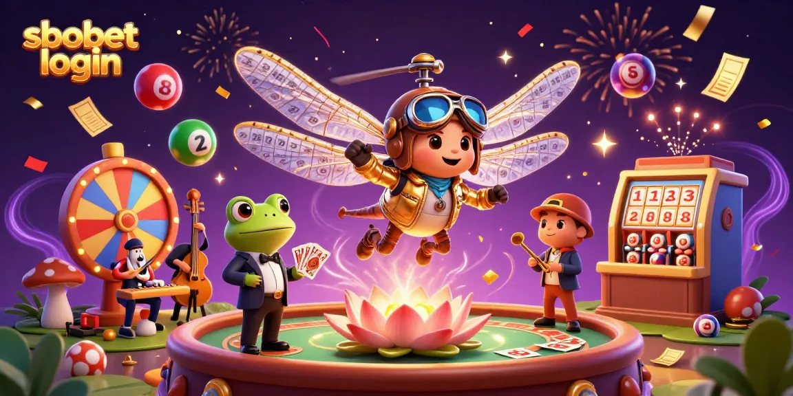 Engage with sbobet login in this vibrant, dynamic scene showcasing a dragonfly pilot and frog croupier at a lily pad casino.