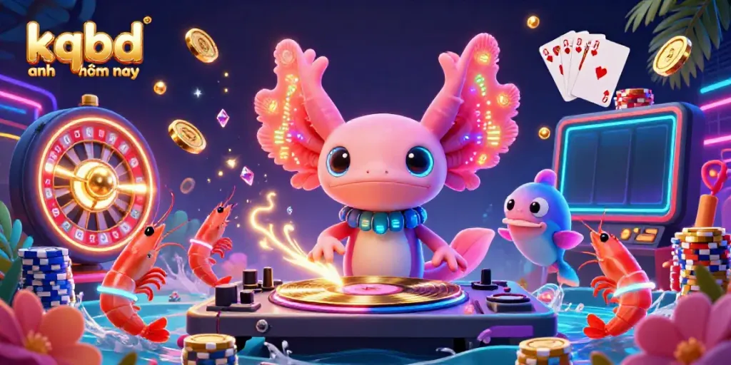 Experience the excitement of kqbd anh hôm nay with a neon axolotl DJ amidst vibrant casino elements.