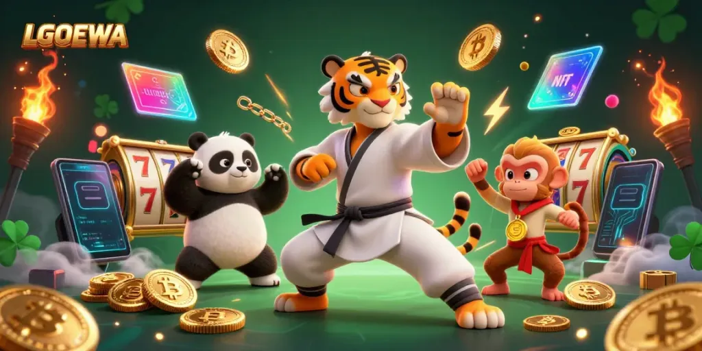Experience the excitement of LGODEWA with a kung fu tiger mastering slots, coins, and crypto in an engaging illustration.