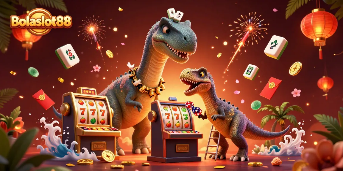 Bolaslot88 brings excitement with a vibrant casino scene featuring a brontosaurus and raptor dealing chips.