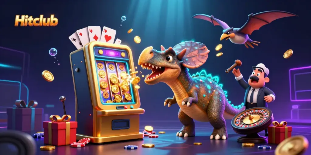 Witness the Hitclub pachycephalosaurus triggering jackpot coins from a golden slot machine in a vibrant 3D casino scene.