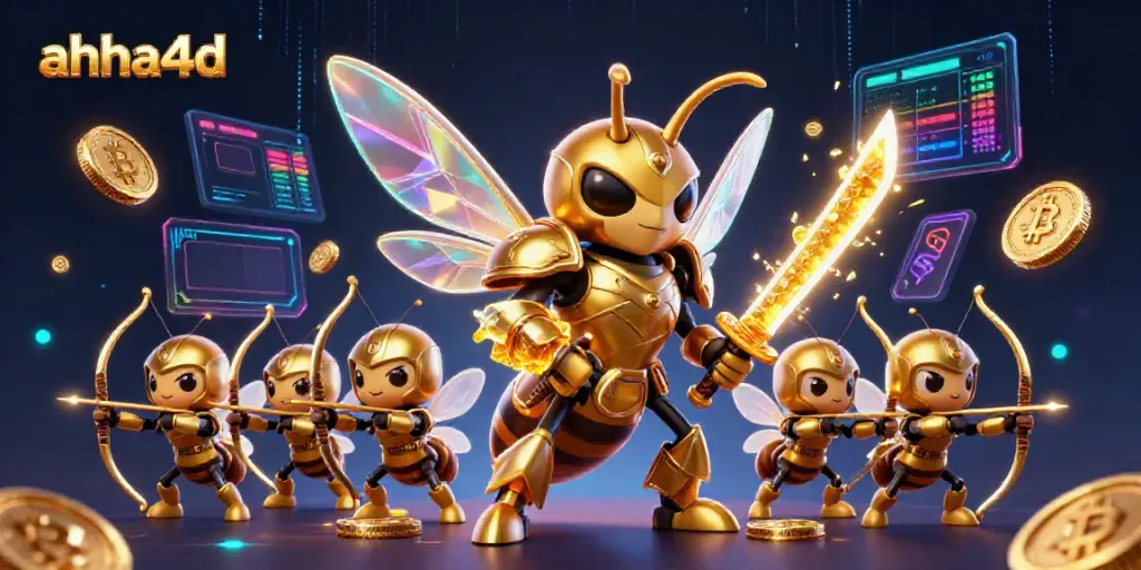 Gambaran kasino digital yang menakjubkan dengan hornet emas samurai dan elemen crypto untuk ahha4d.