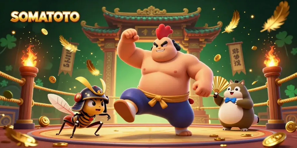 Engage with SOMATOTO in this vibrant fighting arena scene with unique characters and dynamic elements.
