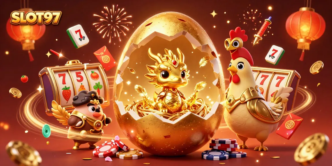 SLOT97 showcases an exciting illustration of a golden dragon with poker chips, embodying thrilling online slot gaming.