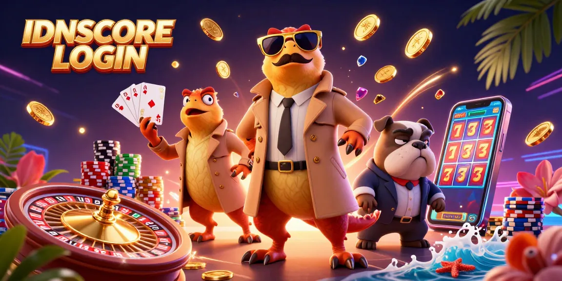 Experience the excitement of IDNSCORE LOGIN in a dynamic casino scene with playful raptors.