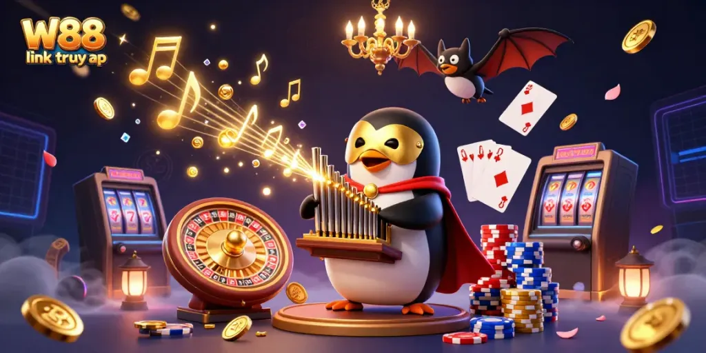 Experience thrilling gameplay and luck at W88 link truy cập with a vibrant 3D casino illustration.