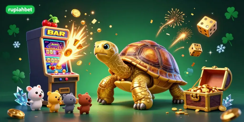 Experience immersive online gaming with rupiahbet's dynamic casino scene featuring a colossal tortoise pinball machine.