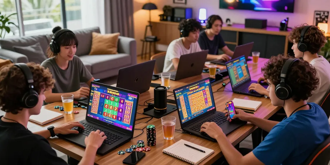 Engaging gaming scene featuring players enjoying Bandar Togel 4D Resmi Togel88 on various devices in a stylish setting