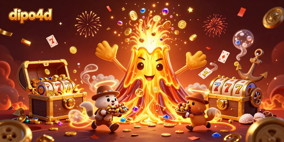 Engage with dipo4d's dynamic gaming experience as golden coins and gems burst forth amidst a vibrant casino-themed scene.