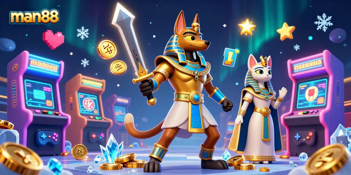 Experience the thrill of man88 with Anubis and Bastet amidst vibrant gaming elements.