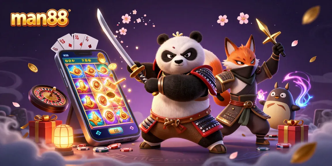 Experience thrilling wins with man88 in this vibrant casino illustration featuring a samurai panda and ninja.