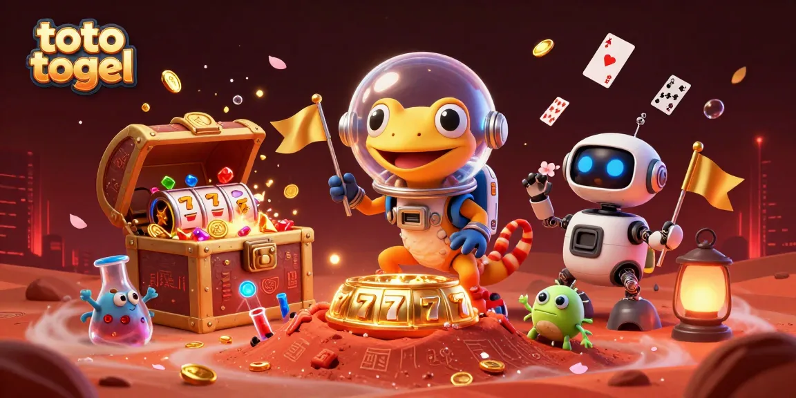 Menangkan toto togel dengan ilustrasi luar angkasa, menampilkan gecko Martian dan elemen kasino yang berkilau.