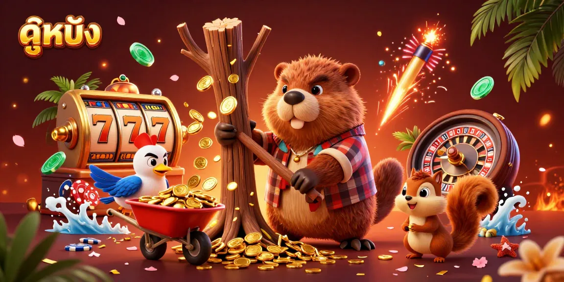 Experience ดูหนัง through a vibrant casino scene where characters enjoy winning moments amidst golden coins and fireworks.