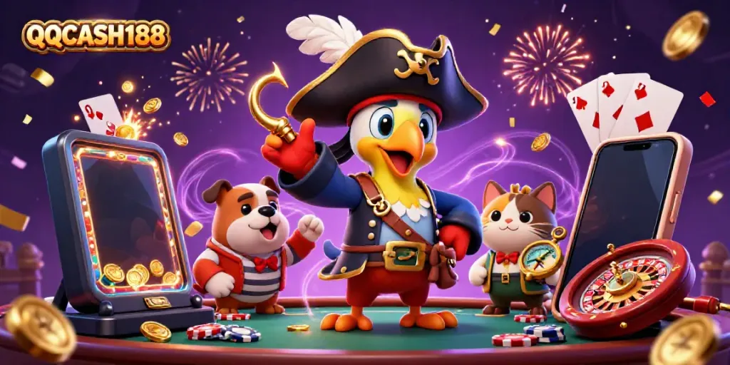 Experience the excitement of gambling with QQCASH188 in a vibrant 3D casino illustration.