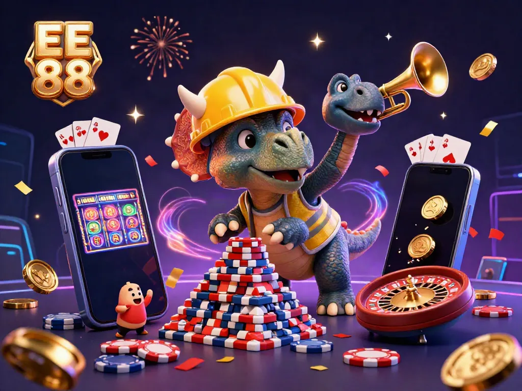 Experience the excitement of EE 88 with vibrant 3D casino-themed characters celebrating with poker chips and games.