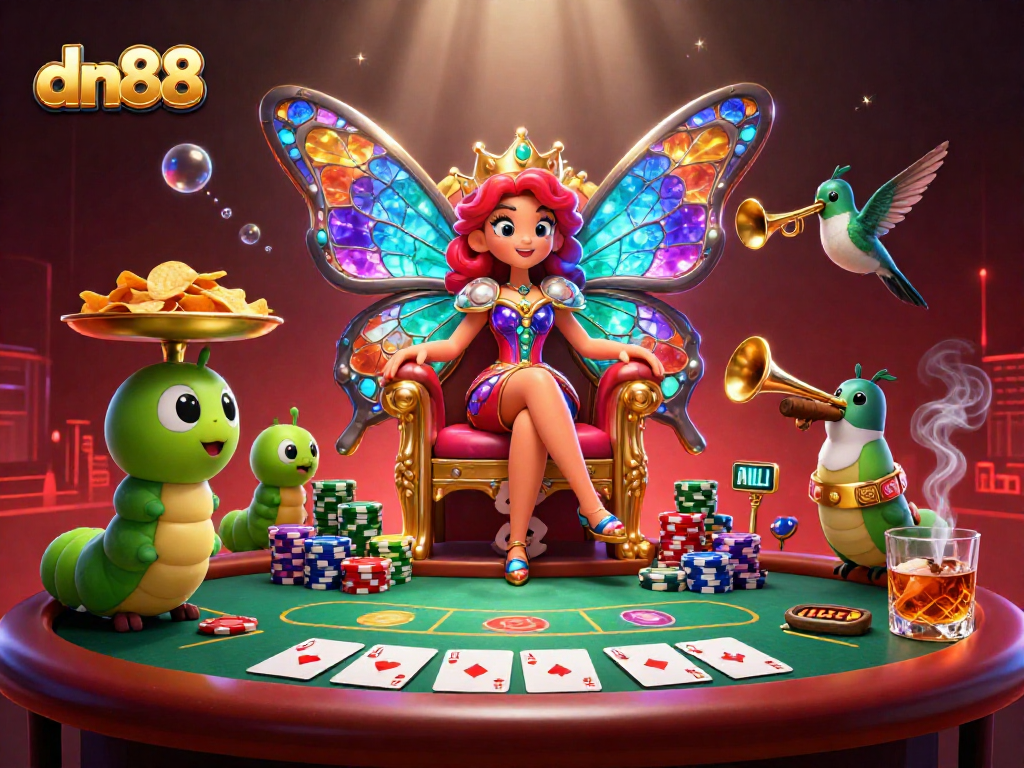 Experience vibrant gameplay at dn88 with a stunning butterfly queen and casino elements.