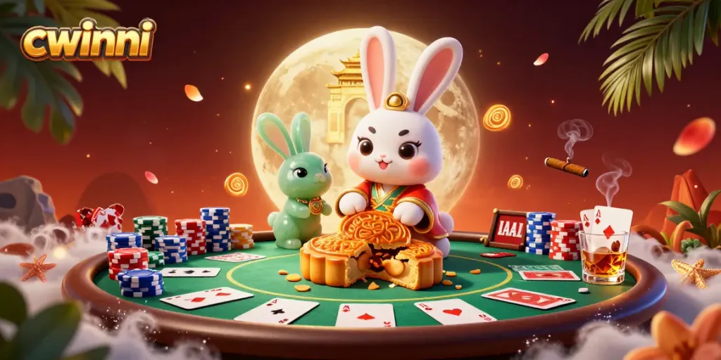 Engage with a vibrant cwinni gaming scene featuring a cartoon moon rabbit amid poker chips and a casino backdrop.
