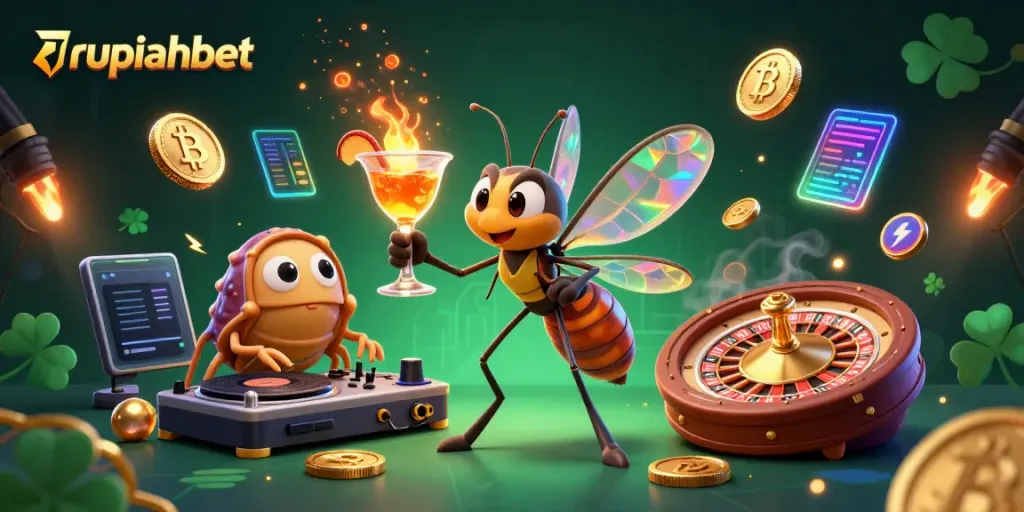 Join the fun at rupiahbet, with a vibrant 3D casino scene featuring quirky characters and crypto elements.