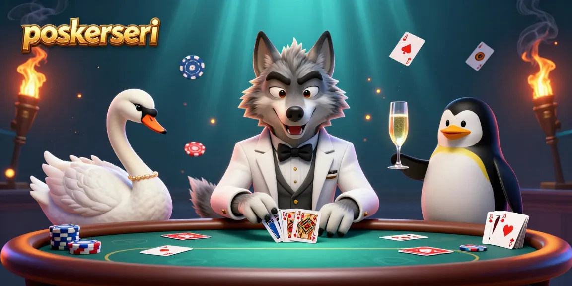 Permainan poker menarik di Pokerseri dengan serigala, angsa, dan penguin menyajikan suasana permainan.