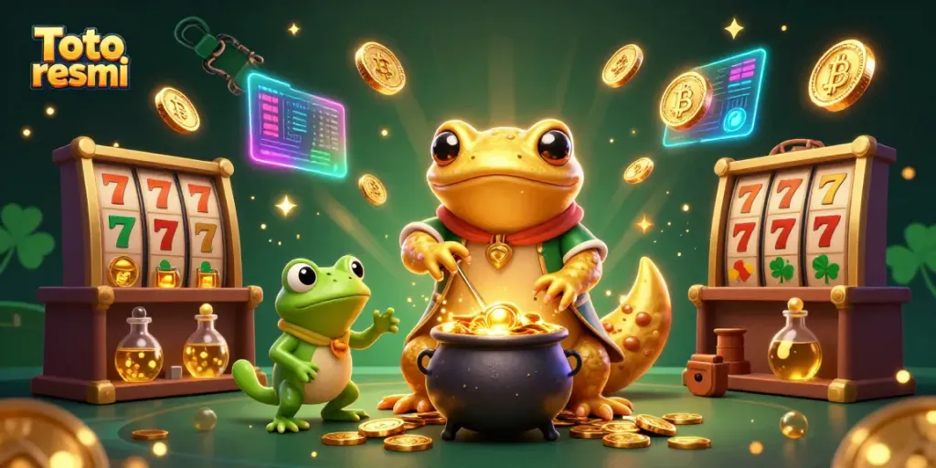 Experience thrilling gambling action with Toto resmi in a vibrant 3D casino illustration featuring gold alchemy and slots.