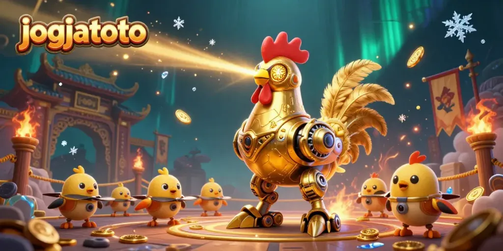 Experience dynamic gaming with jogjatoto, showcasing a golden rooster robot in a vibrant casino scene.