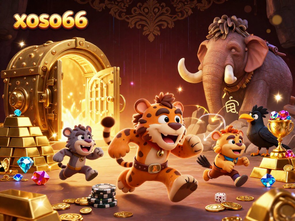 xoso686 unites casino treasures and cheerful gaming with cavemen and sabertooth in a vibrant scene.