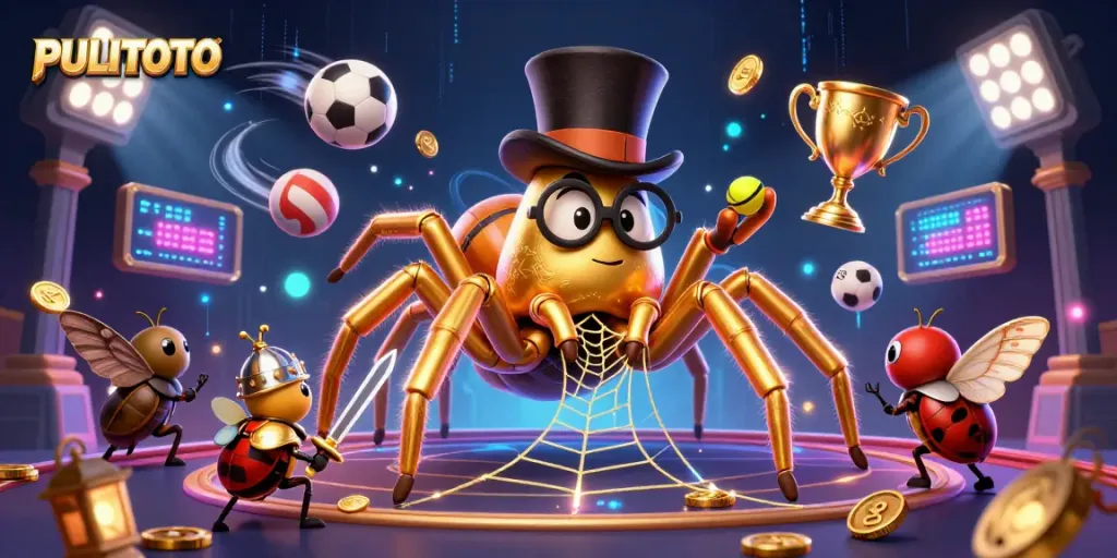 PULITOTO web of excitement with a giant golden tarantula and beetle knight among sports and casino elements.