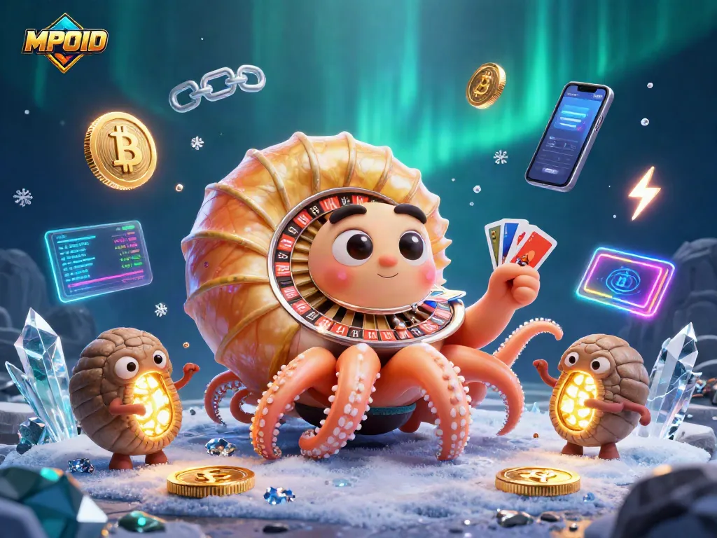 MPOID invites players into a vibrant casino scene with a giant nautilus roulette, golden cards, crypto coins, and shimmering effects.