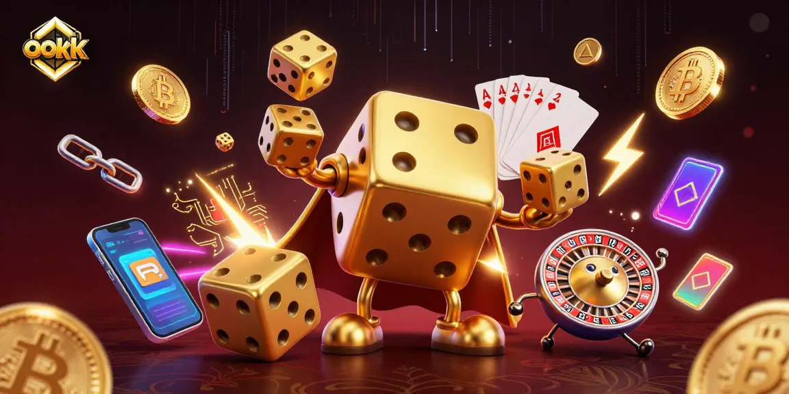 Play exciting games at OOKK with vibrant golden dice golems and dynamic cryptocurrency elements!