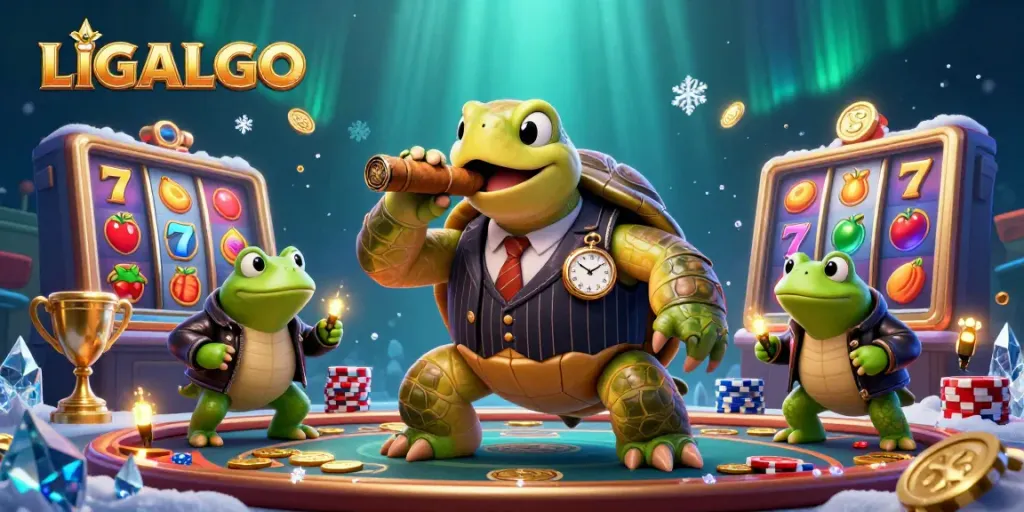 LIGALGO thrilling slots scene with a massive turtle, vibrant jackpots, and energizing casino ambiance.
