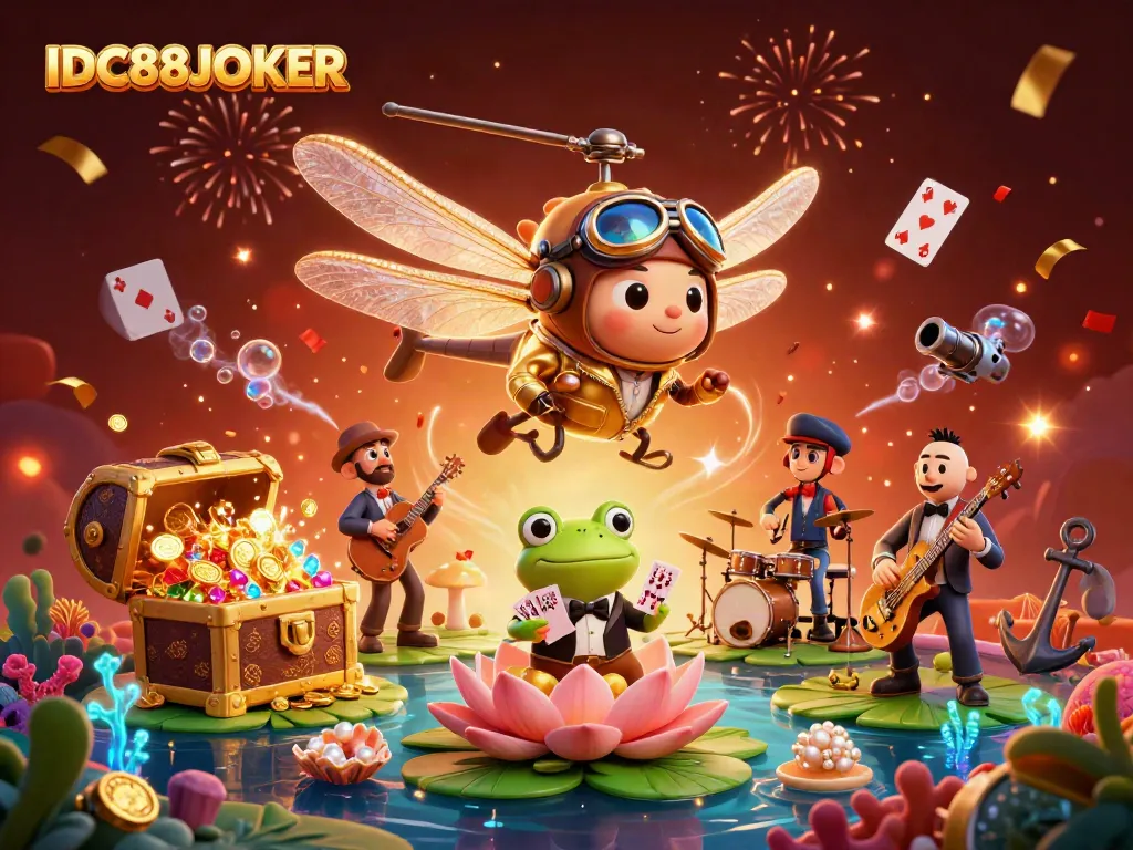 Watch the thrilling IDC88JOKER atmosphere with a dragonfly pilot and frog croupier at our lily pad casino.