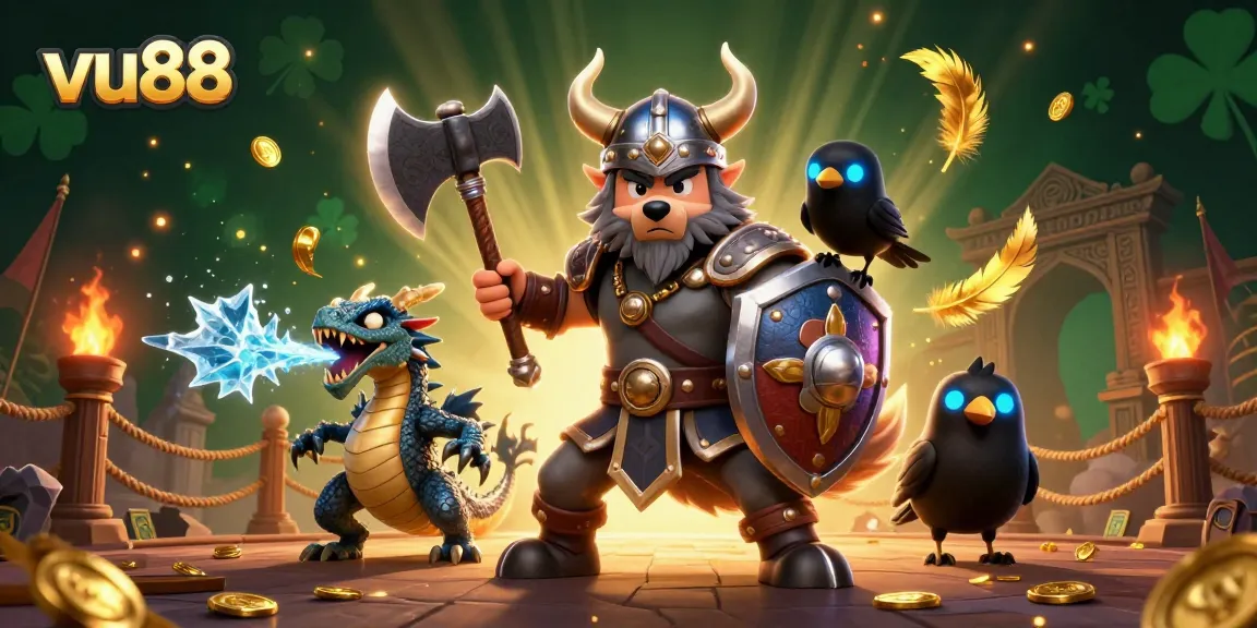 Experience the thrill of play at vu88 with our exciting Viking warrior, fierce dragon, and captivating casino elements.