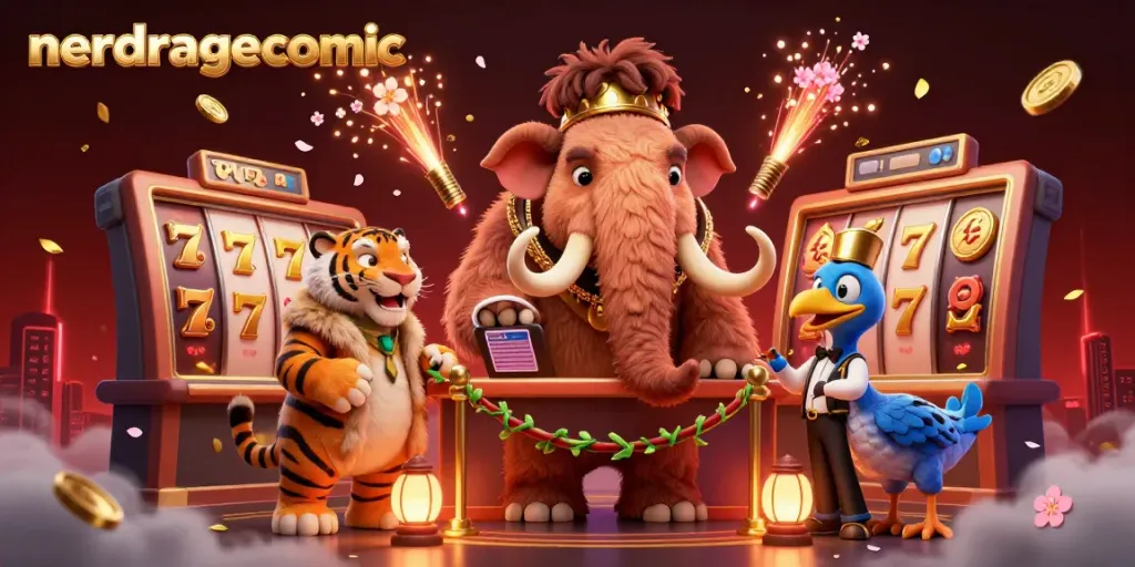 Komik nerdragecomic menampilkan mammoth keamanan dan tamu VIP di kasino mengelilingi simbol keberuntungan.