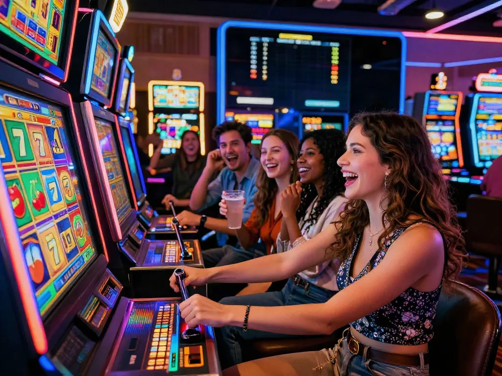 Permainan slot di Kingliga dengan pemain bersemangat dan suasana kasino yang ceria.