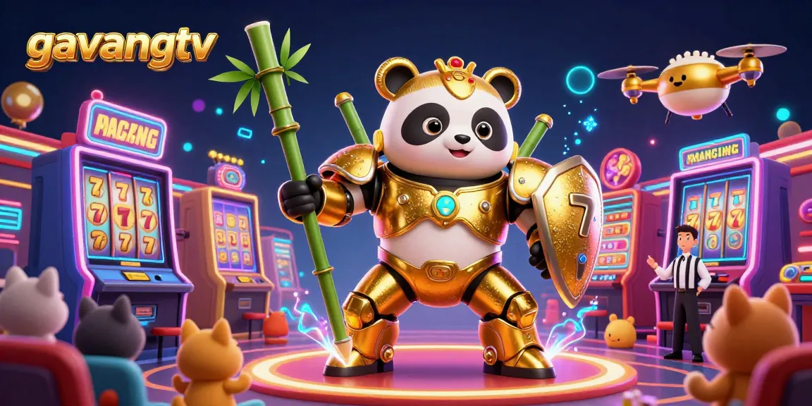 Engage with exciting gambling action at gavangtv featuring a golden panda mech in a vibrant casino scene.