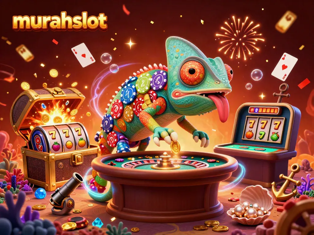 Engage in vibrant gambling with murahslot as chameleon casino owner watches over thrilling games.