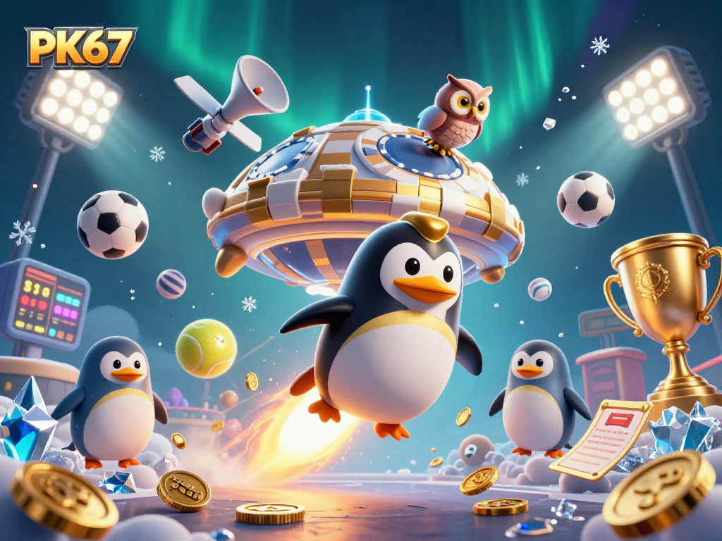 Experience thrilling PK67 gaming with a golden penguin flying towards a casino space station.