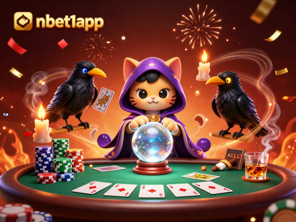 Engage with nbet1app’s vibrant gaming scene featuring a 3D cartoon fortune teller and poker elements.