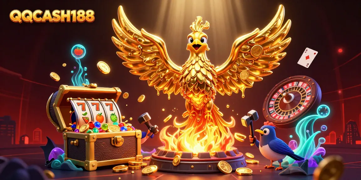 Experience thrilling gaming action with QQCASH188's dynamic slots and sports betting illustration.