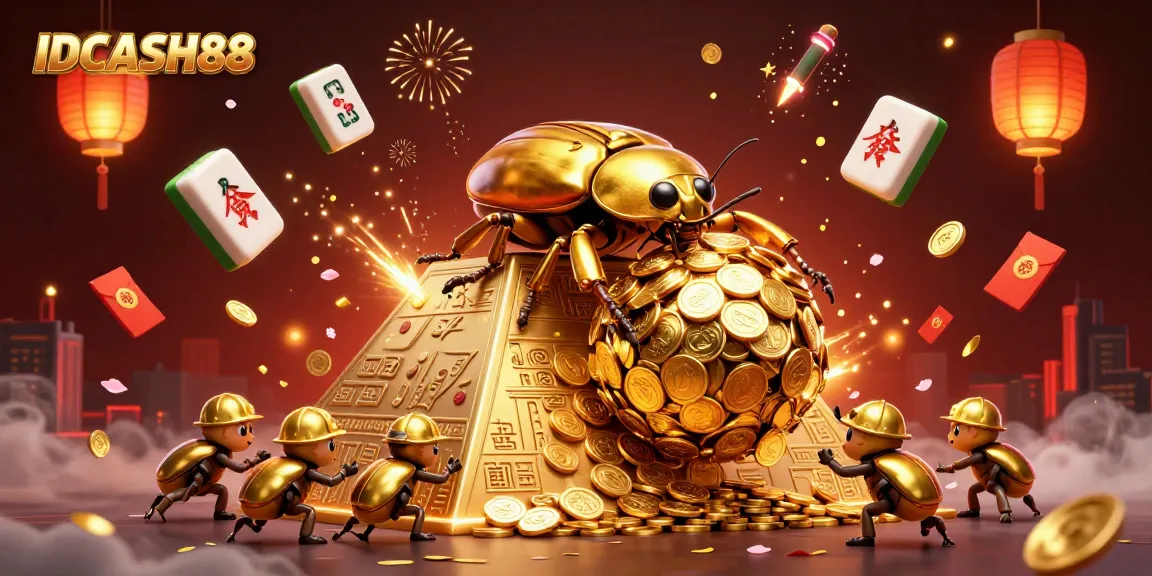 Experience the excitement at IDCASH88 with golden beetles rolling jackpot coins amidst festive symbols.