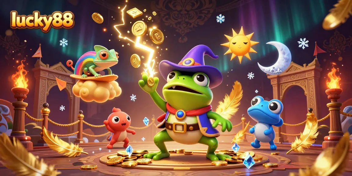 Engage with the lucky88 gaming experience featuring a vibrant frog and chameleon amidst dynamic casino elements.