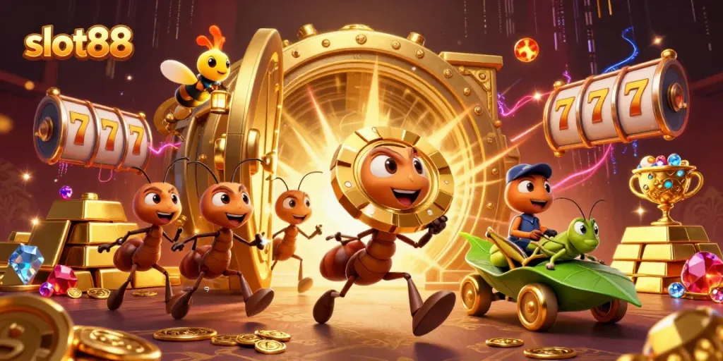 Slot88 reveals a thrilling heist scene with ants and treasure, capturing excitement and adventure.