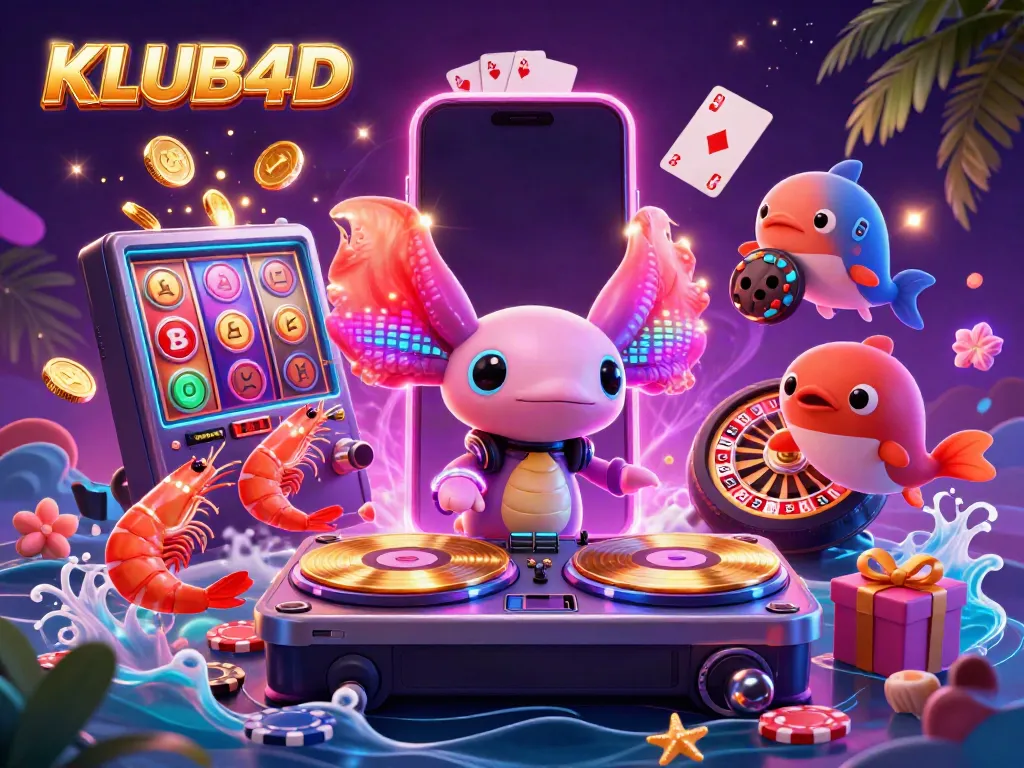Permainan menarik di KLUB4D dengan DJ axolotl dan permainan slot yang berputar.