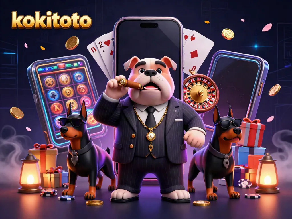 Gambarlah kokitoto dengan bintang kartun mafia bulldog dan doberman dalam suasana kasino yang mewah.