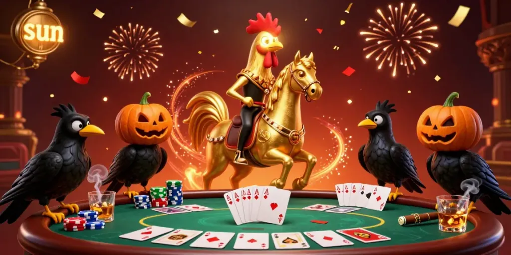 Experience vibrant casino action with the sun-inspired golden rooster headless horseman amidst colorful poker elements and festive fireworks.