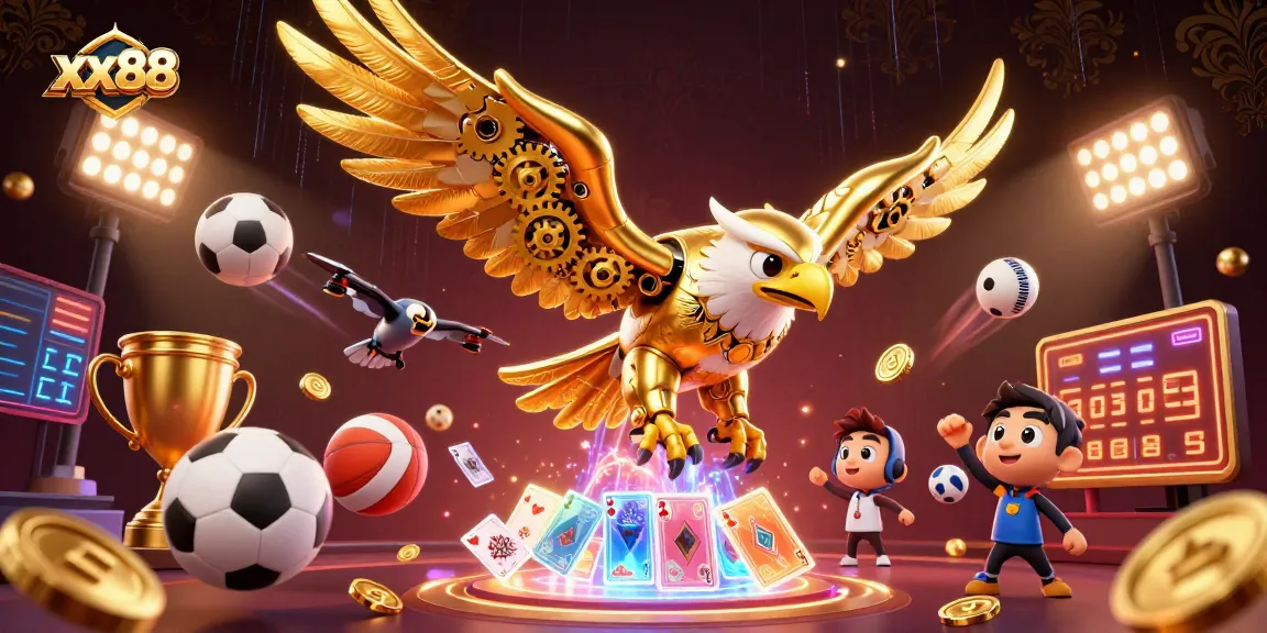 Experience luck and fortune with xx88 as a cybernetic eagle dives through vibrant playing cards and sports elements.