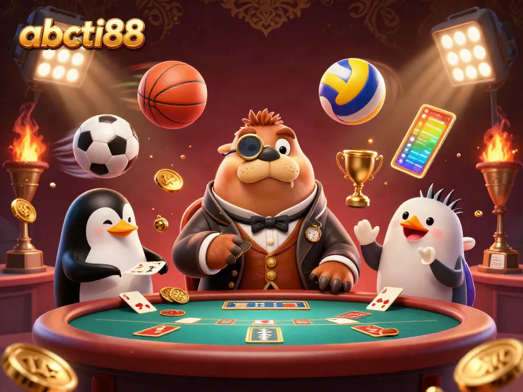 Engage in thrilling bets at abcti88 with an underwater poker scene featuring a walrus, penguin, and pufferfish.