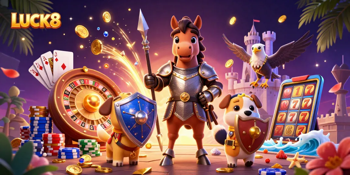 Experience thrilling gameplay with LUCK8's vibrant 3D casino scene filled with coins and cards.