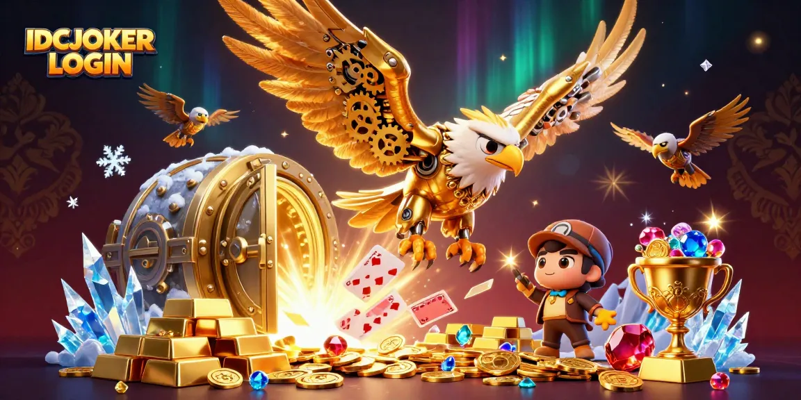 IDCJOKER LOGIN showcases a vibrant 3D casino scene with golden eagle diving through holographic cards, inviting players to join