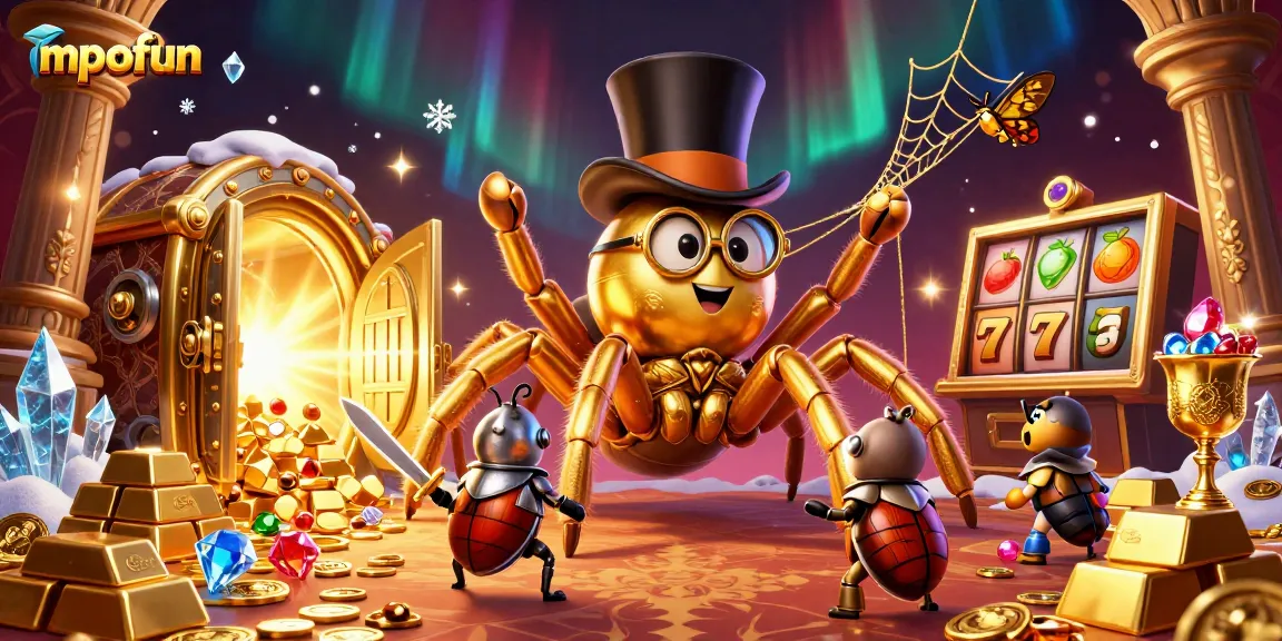 Engage with mpofun in a vibrant casino scene featuring a golden tarantula and beetle knight.